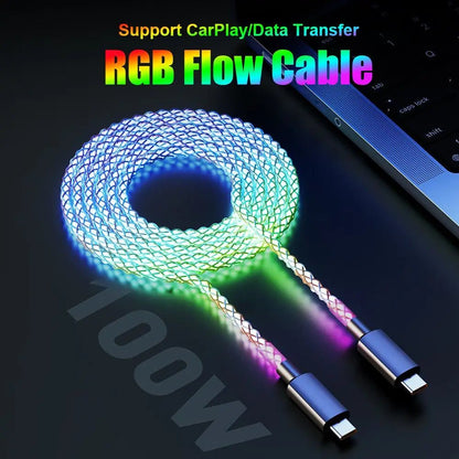 Fast Charging RGB Cable 100W Breathing Light 66W Type C USB C Data Cable for Iphone Samsung Huawei 30W Quick Charge for Xiaomi - NexoraFx