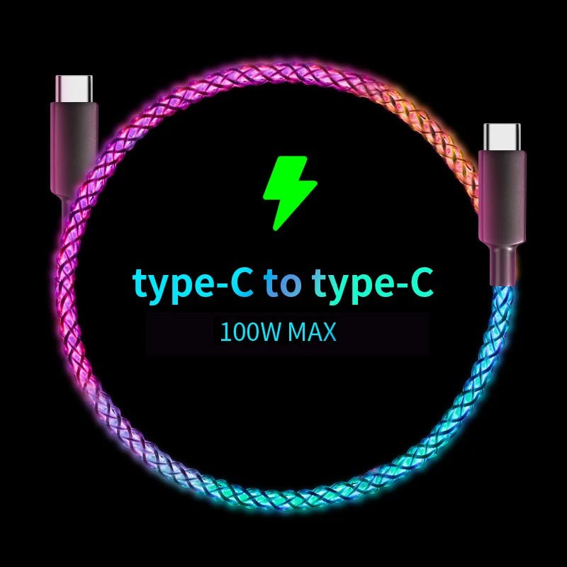 Fast Charging RGB Cable 100W Breathing Light 66W Type C USB C Data Cable for Iphone Samsung Huawei 30W Quick Charge for Xiaomi - NexoraFx