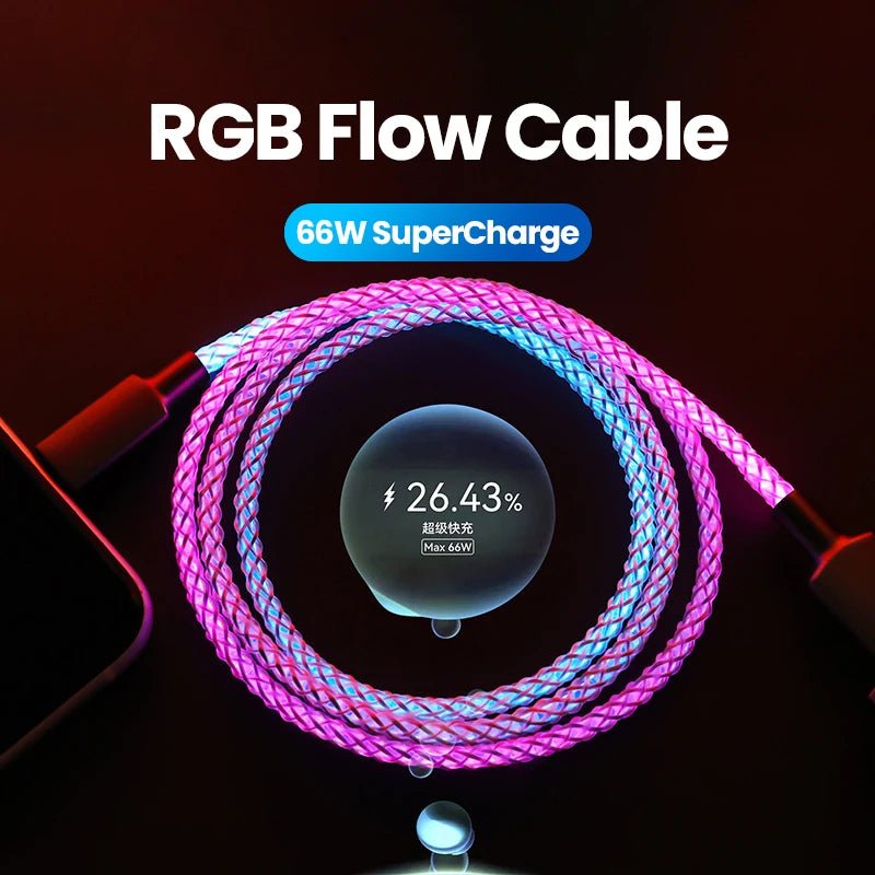 Fast Charging RGB Cable 100W Breathing Light 66W Type C USB C Data Cable for Iphone Samsung Huawei 30W Quick Charge for Xiaomi - NexoraFx